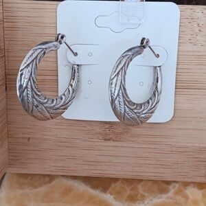 Sterling Silver Feather Leaf Pattern Thick Chunky Hoop Earrings